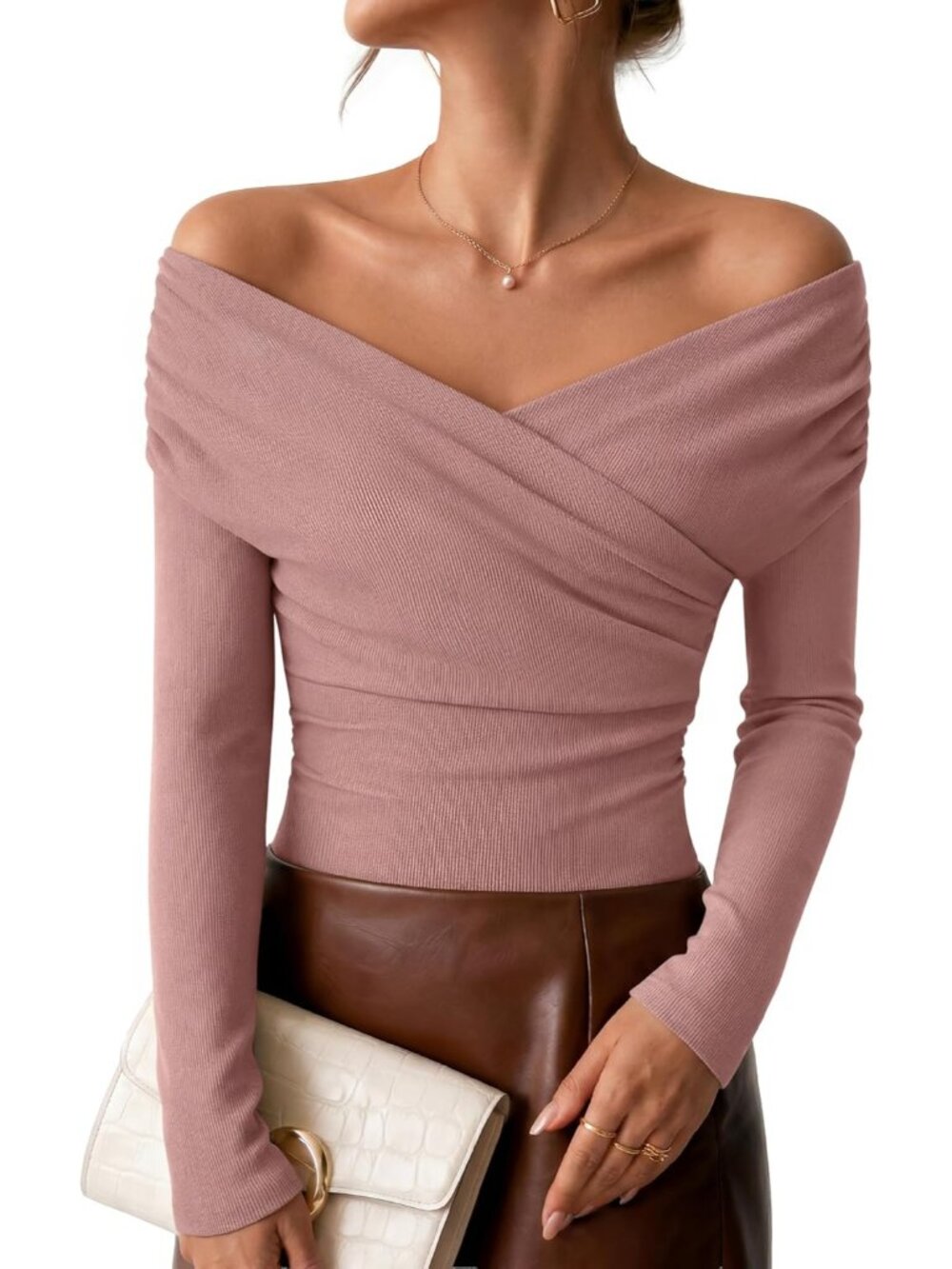 Women's Dusty Pink Off Shoulder Neck Front Ribbed Long Sleeve Casual T-shirt Top
